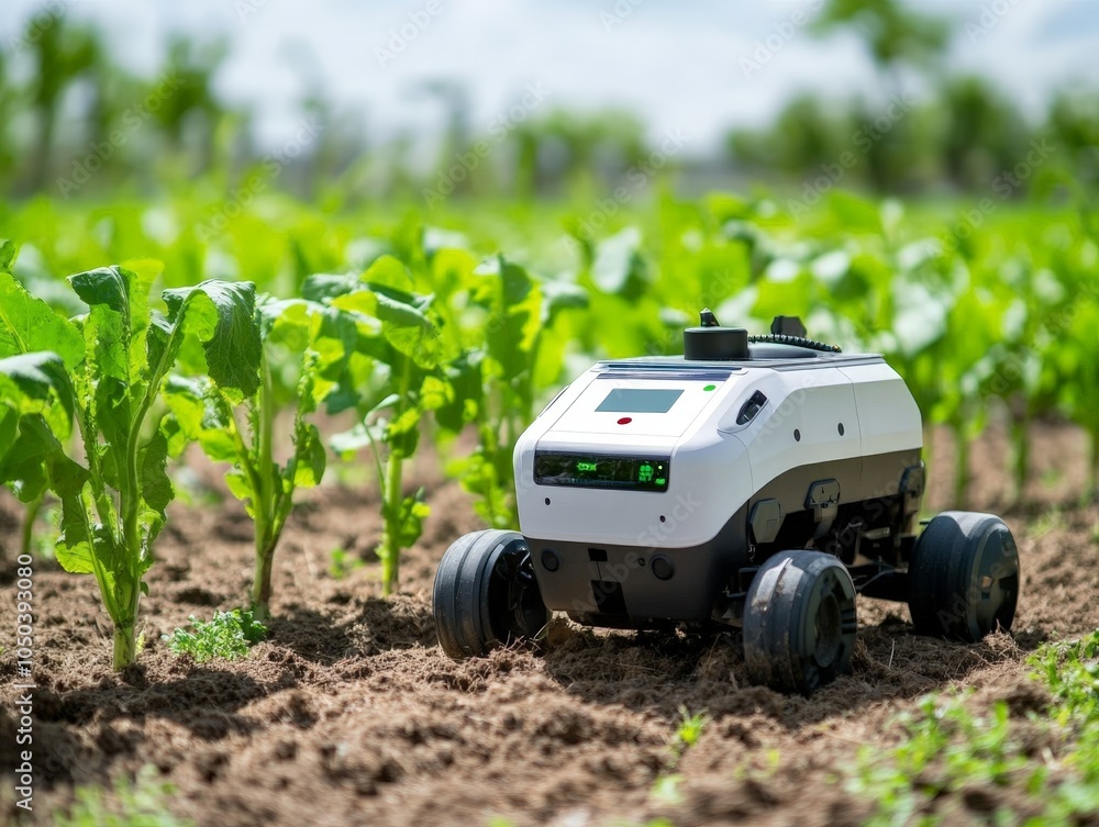 Poster an ai-powered agricultural robot analyzing crops and providing real-time data on soil conditions, gr