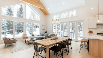 Fototapeta premium Modern and spacious living room with large windows showcasing snowy landscape. cozy interior features wooden dining table, stylish chairs, and comfortable sofa, creating warm atmosphere