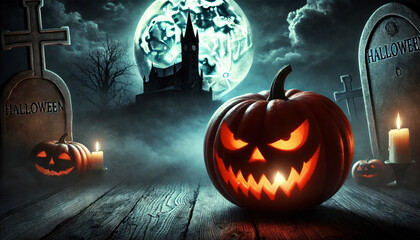 A sinister-looking pumpkin carved with a menacing grin, set against the backdrop of a misty, moonlit night with a creepy castle in the distance, evoking a sense of Halloween terror.