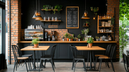 A cozy cafe interior featuring wooden tables, black chairs, and brick wall. warm lighting and greenery create welcoming atmosphere for relaxation and socializing