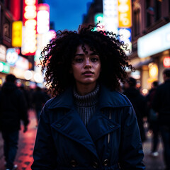 a woman with curly hair is walking down a street