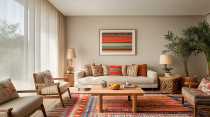 A cozy living room featuring stylish sofa adorned with colorful cushions, wooden coffee table, and vibrant rugs. space is brightened by natural light and decorative plants, creating warm atmosphere