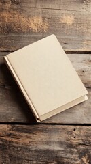 Fototapeta premium A light beige menu book on a natural wood table, softly lit for a cozy feel