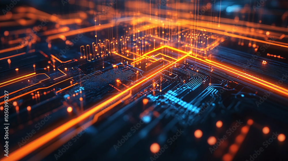 Poster a close-up of a motherboard or printed circuit board with electronic components. it is illuminated b