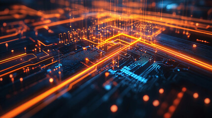 a close-up of a motherboard or printed circuit board with electronic components. It is illuminated by orange LEDs