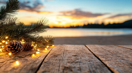 A serene sunset over tranquil beach, with rustic wooden table adorned with pine branches and glowing fairy lights, creating warm holiday atmosphere