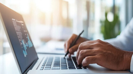 A person is working on laptop, analyzing data and charts in bright office environment. focus is on productivity and technology, showcasing modern workspace