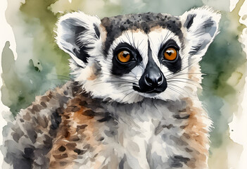 Naklejka premium Watercolor illustration of a ring-tailed lemur with vivid orange eyes and detailed fur texture.