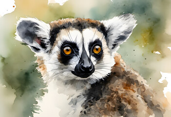 Watercolor illustration of a ring-tailed lemur with vivid orange eyes and detailed fur texture.