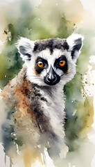 Obraz premium Watercolor illustration of a ring-tailed lemur with vivid orange eyes and detailed fur texture.