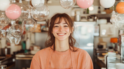 A cheerful woman smiles warmly in cozy cafe, surrounded by colorful hanging lights. Her friendly demeanor creates welcoming atmosphere for customers