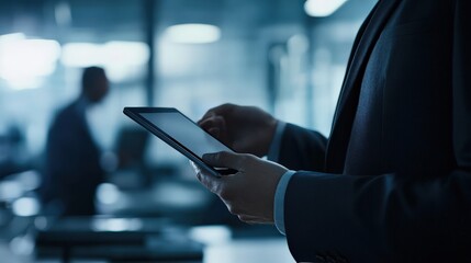 Naklejka premium Man in a suit holding a tablet, explaining something to his team in a bright office, colleagues in the background.