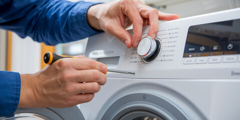 A close-up shot of a repairman&rsquo;s hands adjusting the control panel of a modern washing machine with a screwdriver. 
