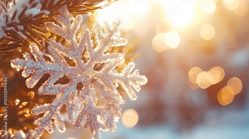 Poster sparkling snowflake on pine branch in winter light