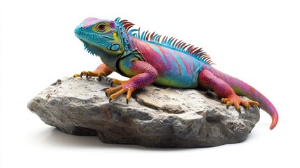 Obraz premium A colorful iguana basking on a rock, isolated on a white background
