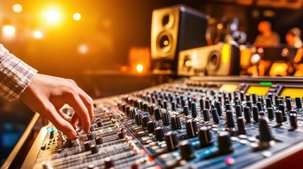 Closeup of hands adjusting sound equipment in a music studio, colorful lights and blurred control...