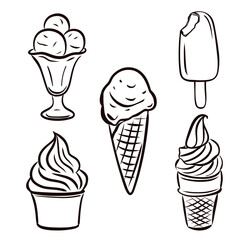 Set of ice cream drawing. Black contour sketch, silhouettes of different ice-creams.