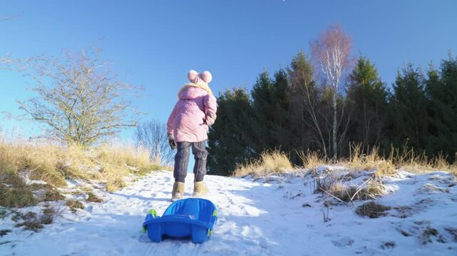 Girl dragging a bobsled up a snowy hill