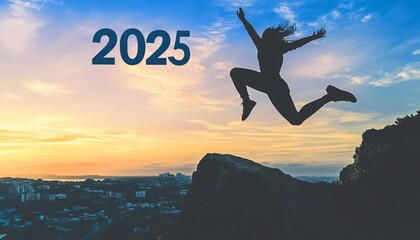 A dynamic silhouette of a person leaping off a cliff symbolizes breaking boundaries and embracing the future. Go to 2025 and explore new horizons of possibility and adventure.