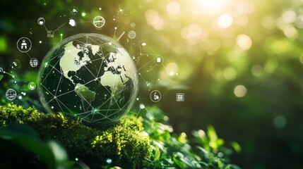 A globe surrounded by a network of icons sits on a bed of moss with a blurred forest background.
