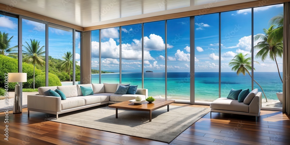 Wall mural modern living room with a large window showcasing a tropical blue sea background , summer vacation, 