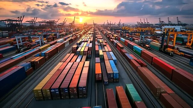 A wide-angle shot of a massive logistics hub, with container cargo freight trains, cargo ships, and planes preparing for transport