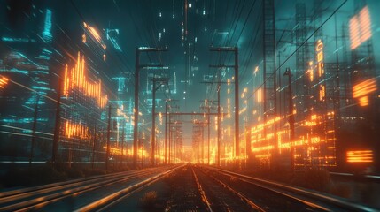 A futuristic cityscape with glowing lines and digital elements alongside railway tracks.