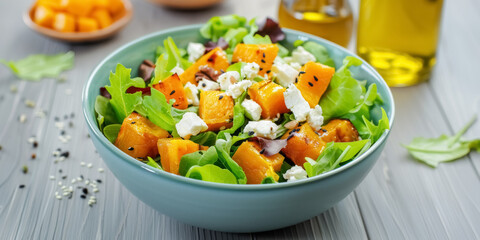 Baked pumpkin, goat cheese and lettuce salad in blue bowl on light gray wooden table, healthy seasonal vegetables in diet