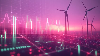 A digital landscape featuring wind turbines and data visualizations, symbolizing renewable energy.