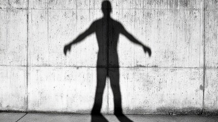 Obraz premium Moody shadow of a person with indistinct features stretching across a cold concrete wall, evoking intrigue and mystery.
