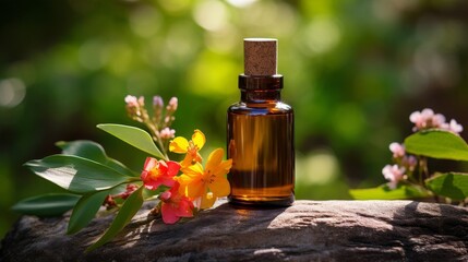 Beauty products concept .essential oil with flowers.