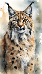Fototapeta premium A detailed watercolor painting of a lynx with distinctive tufted ears and spotted fur, gazing attentively to the side. The artwork captures the lynx's majestic and wild nature.