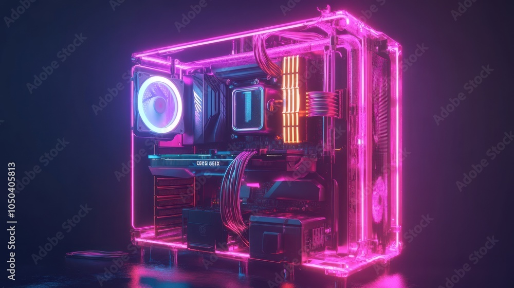 Poster a vibrant, illuminated computer case showcasing advanced hardware components.