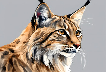 Obraz premium A detailed watercolor painting of a lynx with distinctive tufted ears and spotted fur, gazing attentively to the side. The artwork captures the lynx's majestic and wild nature.