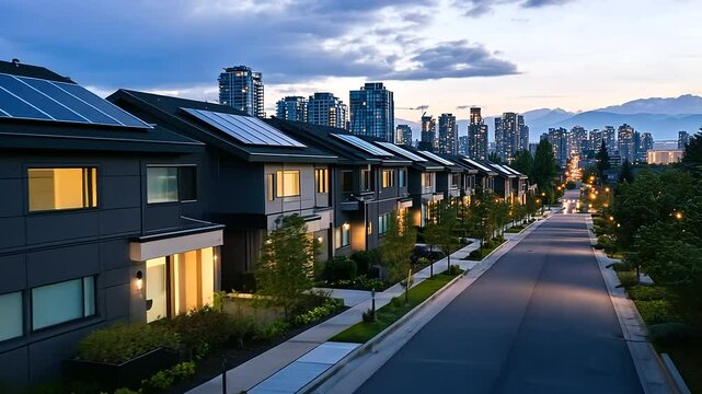 A row of modern passive houses with solar panels on their rooftops, glowing in the gentle sunset light, with city high-rises in the distance and sustainable gardens lining the streets