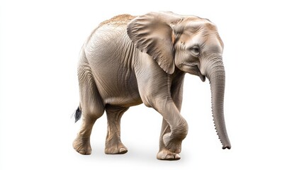 Fototapeta premium A gentle elephant walking forward with its trunk raised, isolated on a white background