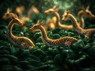 Fototapeta premium Surreal Mini Deer-Like Creatures in Lush Forest Setting with Glowing Light