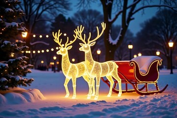 A snowy holiday park illuminated by decorative reindeer made of fairy lights, standing beside a vibrant red sleigh. Softly glowing street lamps and sparkling trees add to the festive atmosphere