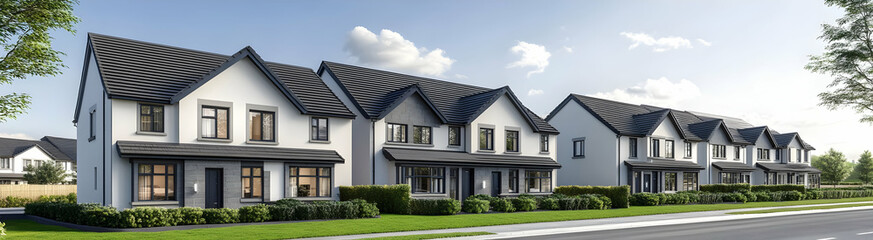 Neigbourhood Real Estate - Modern residential homes in a suburban setting with green landscaping.