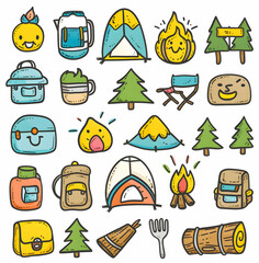 A collection of 20 colorful hand-drawn camping icons, including a tent, campfire, trees, backpack, and more.