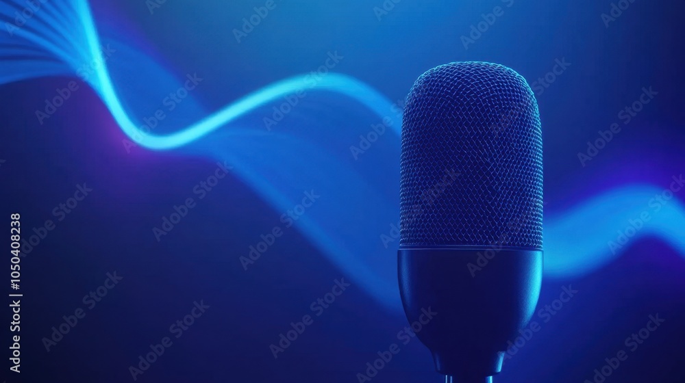 Poster sleek microphone with a pulsing waveform on bright blue background, ideal for audio content creation