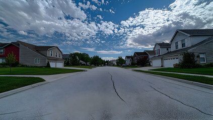 Neigbourhood Real Estate - A quiet suburban street with houses and a blue sky filled with clouds.