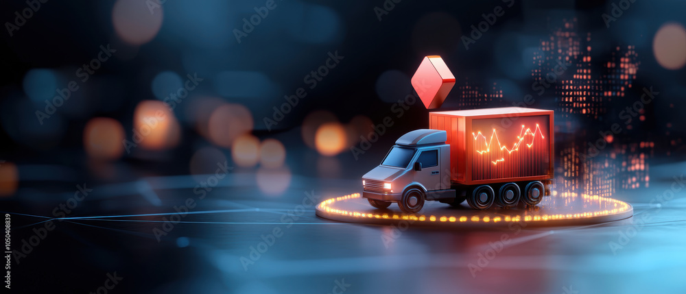 Poster digital fleet management is represented by truck with container, showcasing data analytics and logis