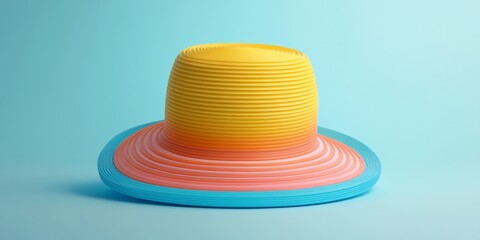 A playful 3D icon of a summer hat, designed in bright colors, placed against a simple background to evoke sunny outdoor adventures