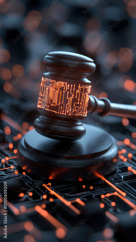 Poster futuristic gavel made of glowing digital lines symbolizes justice in tech driven world. intricate de