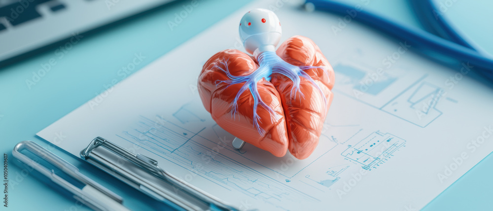 Poster futuristic health tech lab featuring robotic assistant with heart model, symbolizing innovation in m