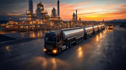 Large transport trucks at fuel processing plant, efficient logistics