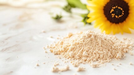 Sunflower lecithin powder scattered on pristine white background, bright sunflower in soft focus in the distance