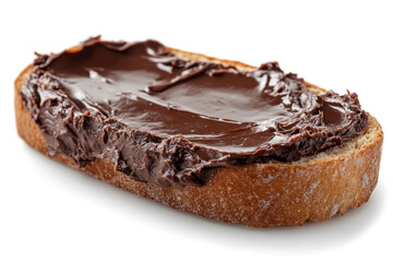 Slice of bread covered with chocolate hazelnut spread on white background