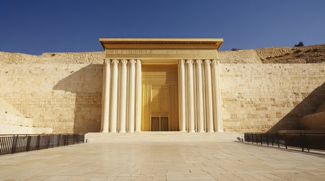 Sunlight enhances the golden details of the Beit Hamikdash facade, towering against Jerusalem hills, an aura of sacred antiquity